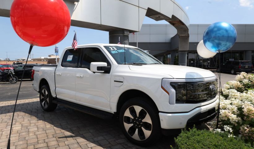 NILES, ILLINOIS - JULY 18: A 2023 Ford F-150 Lightning EV is offered for sale at Golf Mill Ford on July 18, 2023 in Niles, Illinois. Yesterday Ford announced that it was cutting prices on the Lightning truck by as much as $10,000. (Photo by Scott Olson/Getty Images)