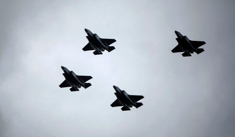 The first delivery batch of F-35 fighter jets fly over the Skrydstrup base of the Royal Danish Air Force in Denmark, on September 14, 2023. Denmark receives the first batch of four F-35 fighter jets. (Photo by Bo Amstrup / Ritzau Scanpix / AFP) / Denmark OUT (Photo by BO AMSTRUP/Ritzau Scanpix/AFP via Getty Images)