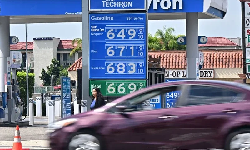 A sign displays the price of gas at more than 6 USD per gallon, at a petrol station in Alhambra, California, on September 18, 2023. Oil prices hit a 10-month high on September 15, 2023, after oil supply cuts in Saudi Arabia and Russia, as well as deadly flooding in Libya, have raised oil prices close to 100 USD per barrel. (Photo by Frederic J. BROWN / AFP) (Photo by FREDERIC J. BROWN/AFP via Getty Images)