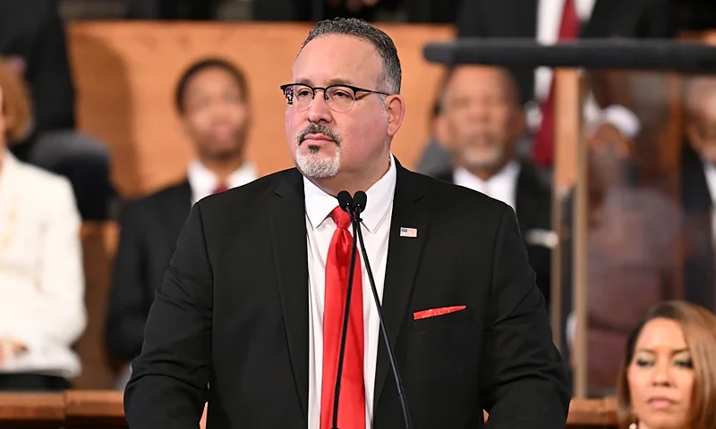 ATLANTA, GEORGIA - JANUARY 15: Dr. Miguel Cardona, U.S. Secretary of Education, speaks onstage during the 2024 Martin Luther King, Jr. Beloved Community Commemorative Service at Ebenezer Baptist Church on January 15, 2024 in Atlanta, Georgia. The annual service is held in honor of the life of civil rights icon Dr. Martin Luther King, Jr. who would have turn 95 on January 15th. (Photo by Paras Griffin/Getty Images)