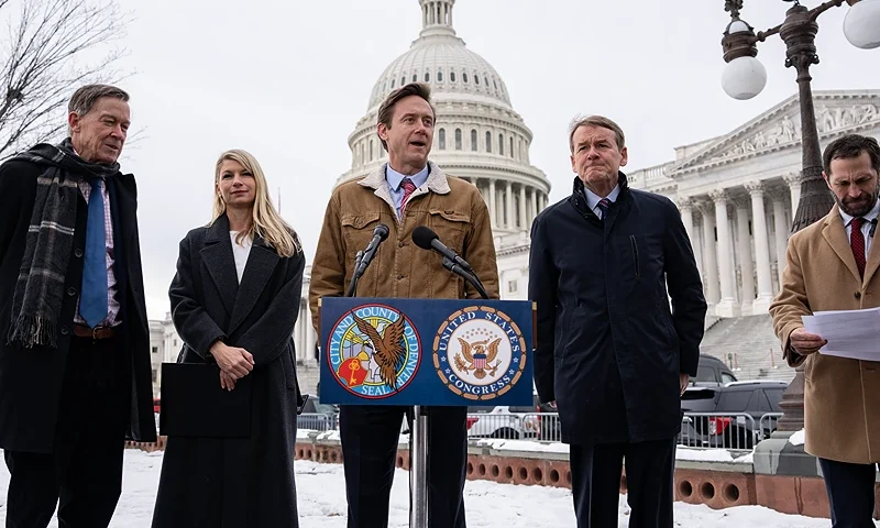 WASHINGTON, DC - JANUARY 18: (L-R) Sen. John Hickenlooper (D-CO), Rep. Brittany Pettersen (D-CO), Denver Mayor Mike Johnston, Sen. Michael Bennet (D-CO) and Rep. Jason Crow (D-CO) hold a news conference at the U.S. Capitol January 18, 2024 in Washington, DC. The Colorado delegation called on Congress to take action to support communities in Colorado who are receiving migrants. (Photo by Drew Angerer/Getty Images)