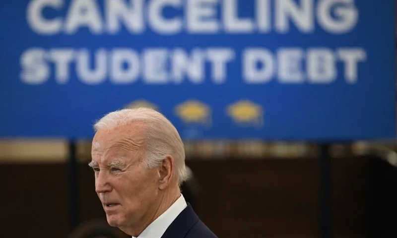 US President Joe Biden arrives to speak during an event to announce that his Administration has approved $1.2 billion in student debt cancellation for almost 153,000 borrowers at the Julian Dixon Library in Culver City, California, on February 21, 2024. (Photo by ANDREW CABALLERO-REYNOLDS / AFP) (Photo by ANDREW CABALLERO-REYNOLDS/AFP via Getty Images)