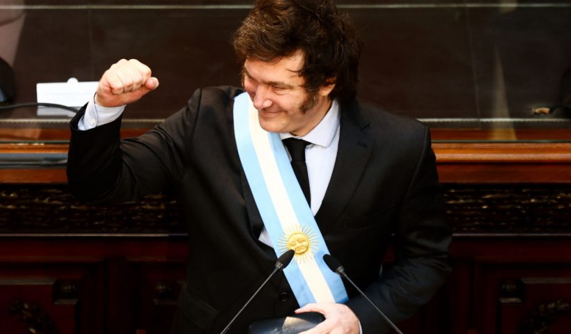 BUENOS AIRES, ARGENTINA - MARCH 1: President of Argentina Javier Milei gestures to lawmakers during the opening session of the Argentine Congress for the period 2024 on March 1, 2024 in Buenos Aires, Argentina. (Photo by Tomas Cuesta/Getty Images)