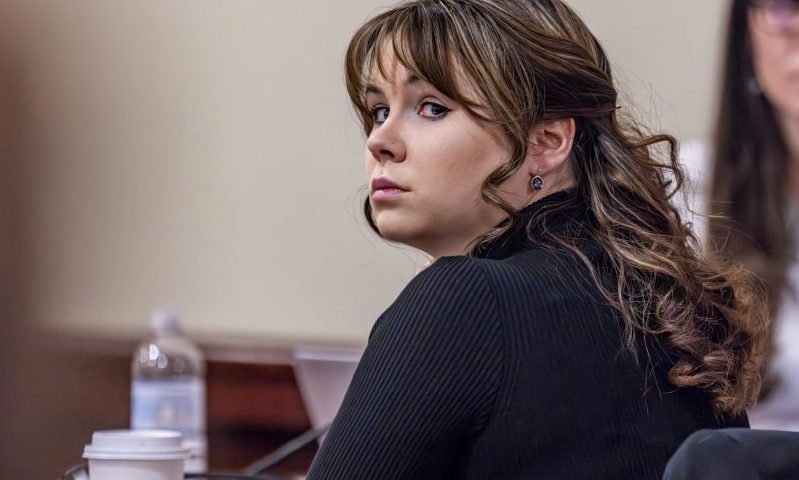 SANTA FE, NEW MEXICO - MARCH 06: Hannah Gutierrez-Reed, former armorer for the movie "Rust," listens to closing arguments in her trial at district court on March 6, 2024 in Santa Fe, New Mexico. Gutierrez-Reed, who was working as the armorer on the movie "Rust" when a revolver actor Alec Baldwin was holding fired, killing cinematographer Halyna Hutchins and wounding the film's director Joel Souza, was found guilty of involuntary manslaughter but acquitted on charges of tampering with evidence. She could face up to 18 months in prison. (Photo by Luis Sánchez Saturno - Pool/Getty Images)