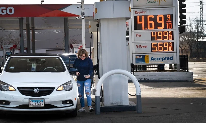 CHICAGO, ILLINOIS - MARCH 12: Gas prices are displayed at a gas station on March 12, 2024 in Chicago, Illinois. Gas prices climbed 3.8% percent in February after falling 3.3% the previous month. The Consumer Prices Index showed prices overall rose .04% for the same month which was more than analysts had expected and the largest increase since September. (Photo by Scott Olson/Getty Images)