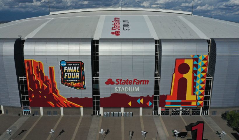 GLENDALE, ARIZONA - MARCH 26: In an aerial view, State Farm Stadium is shown ahead of the NCAA Men's Final Four Tournament on March 26, 2024 in Glendale, Arizona. The men's Final Four starts April 6. (Photo by Christian Petersen/Getty Images)
