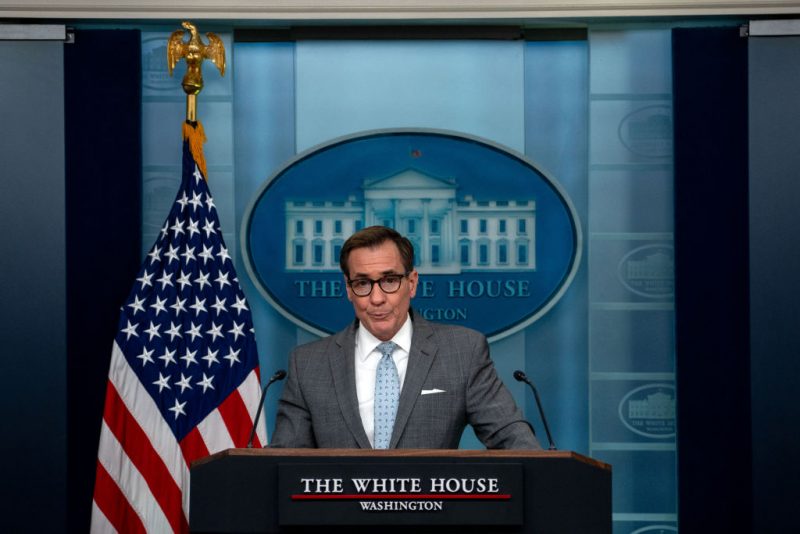 WASHINGTON, DC - APRIL 2: White House National Security Communications Advisor John Kirby takes questions during the daily news briefing at the White House on April 2, 2024 in Washington, DC. Earlier today, President Joe Biden called Chef José Andrés to offer his condolences after an Israeli strike killed seven aid workers from Andrés' World Central Kitchen in Gaza. (Photo by Kent Nishimura/Getty Images)