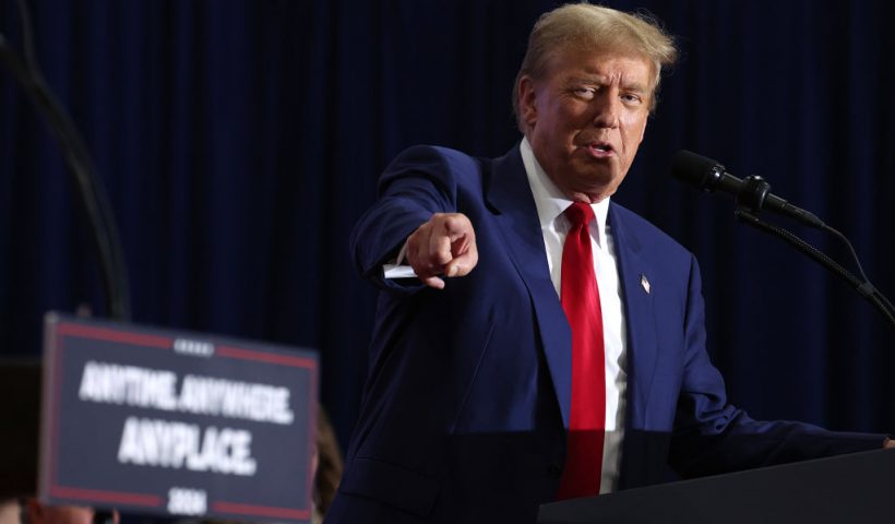 GREEN BAY, WISCONSIN - APRIL 02: Former President Donald Trump speaks to guests at a rally on April 02, 2024 in Green Bay, Wisconsin. At the rally, Trump spoke next to an empty lectern on the stage and challenged President Joe Biden to debate him. The Wisconsin primary is being held today. (Photo by Scott Olson/Getty Images)