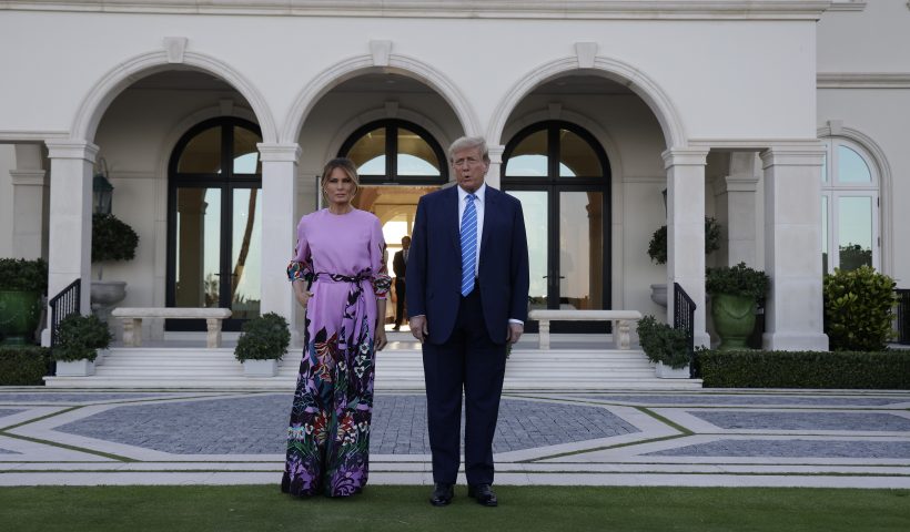 PALM BEACH, FLORIDA - APRIL 06: Republican presidential candidate, former US President Donald Trump and former first lady Melania Trump arrive at the home of billionaire investor John Paulson on April 6, 2024 in Palm Beach, Florida. Donald Trump's campaign is expecting to raise more than 40 million dollars when major donors gather a fundraiser billed as the "Inaugural Leadership Dinner". (Photo by Alon Skuy/Getty Images)