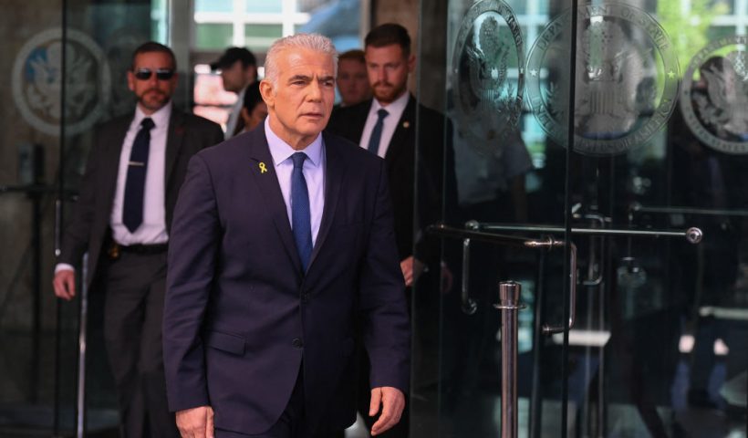 Israeli opposition leader Yair Lapid arrives to speak to reporters after meeting with US Secretary of State Antony Blinken at the US State Department on April 8, 2024, in Washington, DC. (Photo by OLIVIER DOULIERY / AFP) (Photo by OLIVIER DOULIERY/AFP via Getty Images)