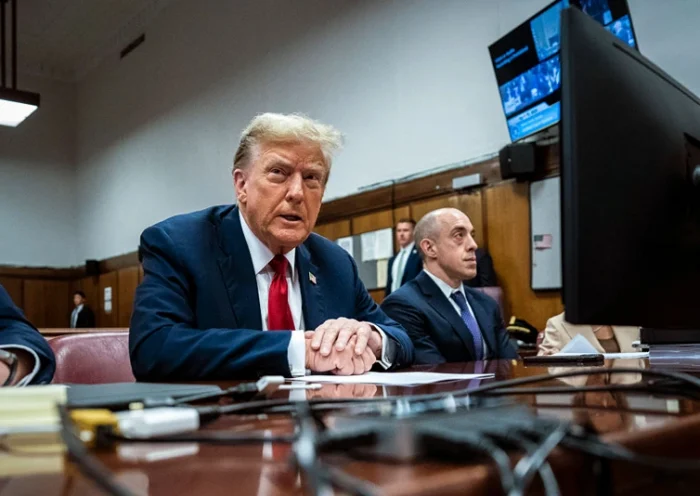 NEW YORK, NEW YORK - APRIL 15: Former U.S. President Donald Trump appears with his legal team ahead of the start of jury selection at Manhattan criminal court on April 15, 2024 in New York City. Former President Donald Trump faces 34 felony counts of falsifying business records in the first of his criminal cases to go to trial. (Photo by Jabin Botsford-Pool/Getty Images)