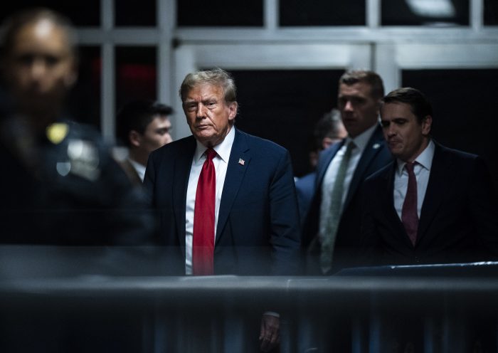 NEW YORK, NEW YORK - APRIL 15: Former U.S. President Donald Trump walks out of the courtroom following the first day of jury selection at Manhattan Criminal Court on April 15, 2024 in New York City. Former President Donald Trump faces 34 felony counts of falsifying business records in the first of his criminal cases to go to trial. (Photo by Jabin Botsford-Pool/Getty Images)