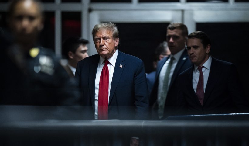 NEW YORK, NEW YORK - APRIL 15: Former U.S. President Donald Trump walks out of the courtroom following the first day of jury selection at Manhattan Criminal Court on April 15, 2024 in New York City. Former President Donald Trump faces 34 felony counts of falsifying business records in the first of his criminal cases to go to trial. (Photo by Jabin Botsford-Pool/Getty Images)