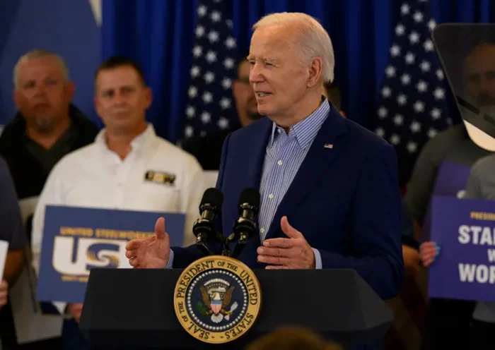 President Joe Biden speaks to members of the United Steel Workers Union at the United Steel Workers Headquarters on April 17, 2024 in Pittsburgh, Pennsylvania. (Photo by Jeff Swensen/Getty Images)