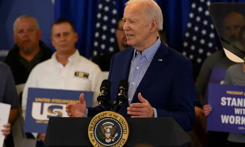 President Joe Biden speaks to members of the United Steel Workers Union at the United Steel Workers Headquarters on April 17, 2024 in Pittsburgh, Pennsylvania. (Photo by Jeff Swensen/Getty Images)