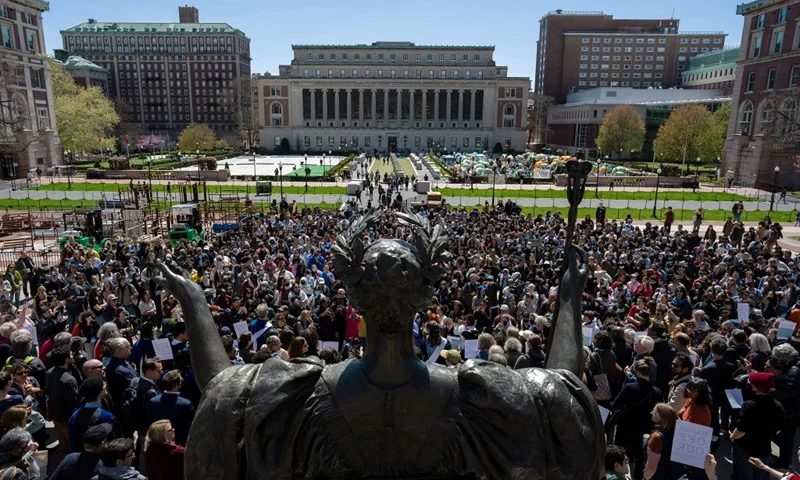 NEW YORK, NEW YORK - APRIL 22: A pro-Palestine rally is held at the steps of Lowe Library on the grounds of Columbia University on April 22, 2024 in New York City. In response to recent campus unrest and anxieties regarding Jewish student safety, Columbia University President Minouche Shafik announced a shift to online learning for Monday. She further urged faculty and staff to prioritize remote work.(Photo by David Dee Delgado/Getty Images)