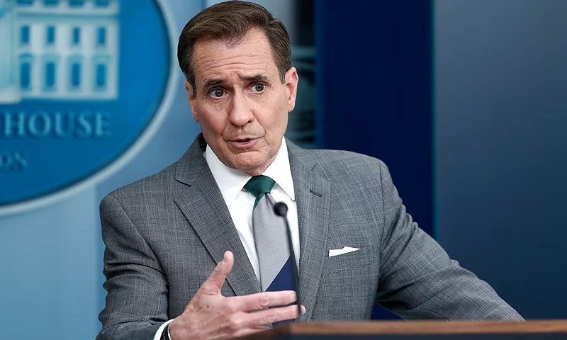 WASHINGTON, DC - APRIL 15: White House National Security Communications Advisor John Kirby speaks alongside White House Press Secretary Karine Jean-Pierre during a daily news briefing at the James S. Brady Press Briefing Room of the White House on April 15, 2024 in Washington, DC. During the briefing, Kirby spoke about Iran’s drone strike on Israel over the weekend. (Photo by Anna Moneymaker/Getty Images)