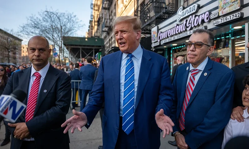 Former President Trump Visits A Local Business In Manhattan After Day 2 Of Jury Selection In His Hush Money Trial NEW YORK, NEW YORK - APRIL 16: Former president Donald Trump speaks to the media as he visits a bodega store in upper Manhattan where a worker was assaulted by a man in 2022 and ended up killing him in an ensuing fight on April 16, 2024 in New York City. The worker, Jose Alba, was arrested before the Manhattan District Attorney decided to drop charges for lack of evidence. Trump visited the bodega after spending a second day in court where he faces 34 felony counts of falsifying business records in the first of his criminal cases to go to trial. (Photo by Spencer Platt/Getty Images)