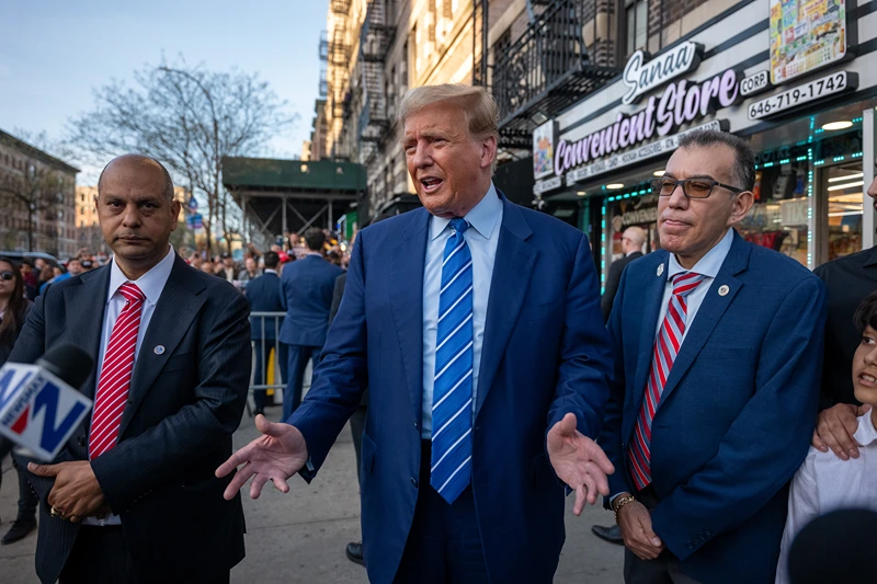 Former President Trump Visits A Local Business In Manhattan After Day 2 Of Jury Selection In His Hush Money Trial
NEW YORK, NEW YORK - APRIL 16: Former president Donald Trump speaks to the media as he visits a bodega store in upper Manhattan where a worker was assaulted by a man in 2022 and ended up killing him in an ensuing fight on April 16, 2024 in New York City. The worker, Jose Alba, was arrested before the Manhattan District Attorney decided to drop charges for lack of evidence. Trump visited the bodega after spending a second day in court where he faces 34 felony counts of falsifying business records in the first of his criminal cases to go to trial. (Photo by Spencer Platt/Getty Images)