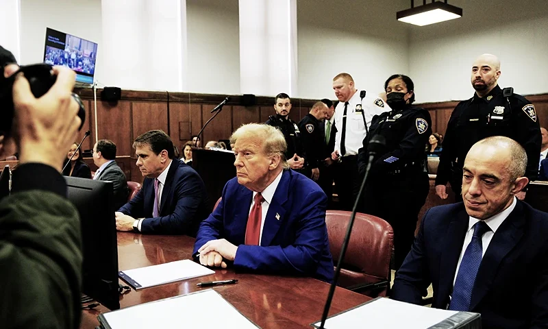 NEW YORK, NEW YORK - APRIL 30: Former U.S. President Donald Trump appears in court during his trial for allegedly covering up hush money payments at Manhattan Criminal Court on April 30, 2024 in New York City. Former U.S. President Donald Trump faces 34 felony counts of falsifying business records in the first of his criminal cases to go to trial. (Photo by Curtis Means-Pool/Getty Images)