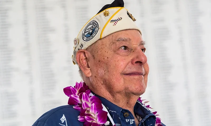 HONOLULU, HI - MONDAY, DECEMBER 07: U.S.S. Arizona survivor Lou Conter looks on near the Arizona Remembrance Wall during a memorial service marking the 74th Anniversary of the attack on the U.S. naval base at Pearl Harbor December 07, 2015 on the island of Oahu at the Kilo Pier, Joint Base Pearl Harbor-Hickam, in Honolulu, Hawaii. In 1941 the Japanese attacked Pearl Harbor, killing thousands and launchingthe U.S. into WWII. (Photo by Kent Nishimura/Getty Images)