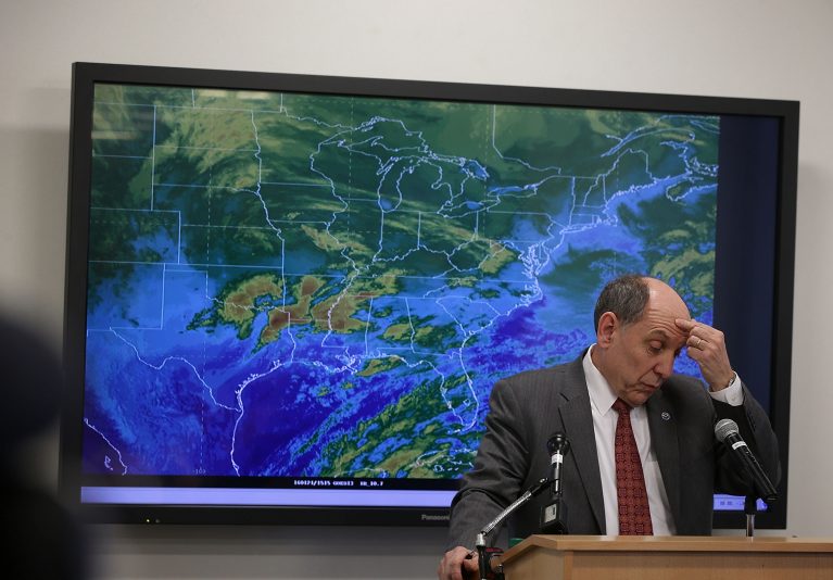 WASHINGTON, DC - JANUARY 21:  National Weather Service Director Louis Uccellini speaks during a news conference on a winter storm forecast January 21, 2016 at the NOAA Center for Weather and Climate Prediction in College Park, Maryland. A winter snowstorm is forecasted for the East Coast this weekend with prediction of up to 30Ó of snow for the DC area.  (Photo by Alex Wong/Getty Images)
