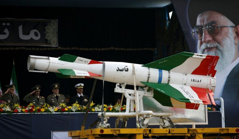 TEHRAN, IRAN - APRIL 17: An Iranian surface to surface Ghasedak missile is driven past portraits of Iran's late founder of the Islamic Republic, Ayatollah Ali khamenei (R), during the annual army day military parade on April 17, 2008 in Tehran, Iran. Ahmadinejad proclaimed today the country's army was a powerful deterrent to all enemies saying "No major power is able to jeopardize the Iranian nation's security and interests due to the Iranian people's power today, Iran's army, the Revolutionary Guards and the Basij would respond strongly to even the minimum aggression," (Photo by Majid/Getty Images)