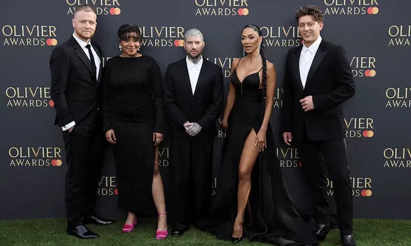 David Thaxton, Nicole Scherzinger, Jamie Lloyd, Grace Hodgett Young, Tom Francis attend the Olivier Awards at the Royal Albert Hall in London, Britain, April 14, 2024. REUTERS/Isabel Infantes