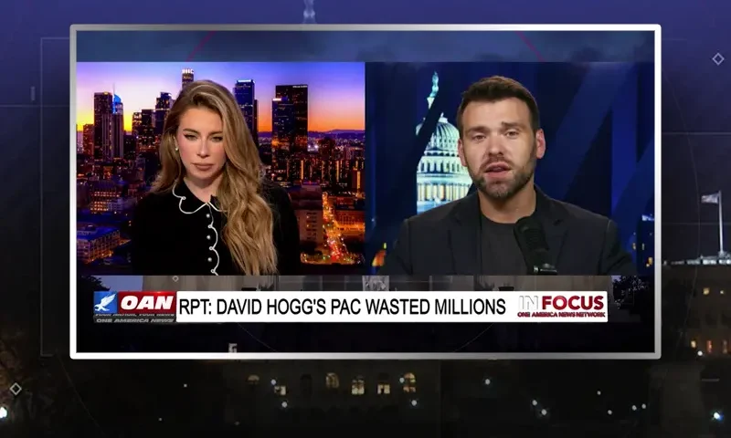 Video still from In Focus on One America News Network showing a split screen of the host on the left side, and on the right side is the guest, Jack Posobiec.