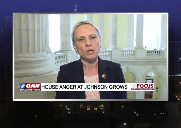 Video still from In Focus on One America News Network during an interview with the guest, Rep. Victoria Spartz.