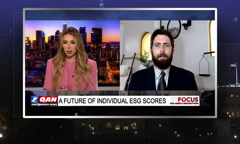 Video still from In Focus on One America News Network showing a split screen of the host on the left side, and on the right side is the guest, Alex Newman.