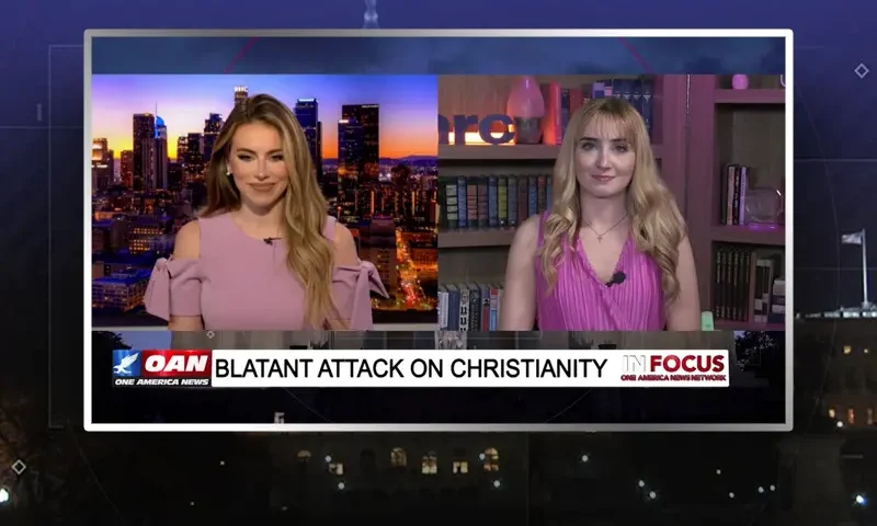 Video still from In Focus on One America News Network showing a split screen of the host on the left side, and on the right side is the guest, Tieran-Rose Mandelburg.