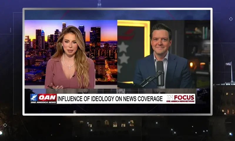 Video still from In Focus on One America News Network showing a split screen of the host on the left side, and on the right side is the guest, Ryan Helfenbein.
