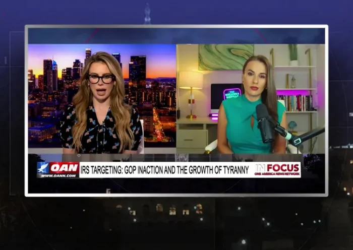 Video still from In Focus on One America News Network showing a split screen of the host on the left side, and on the right side is the guest, Breanna Morello.