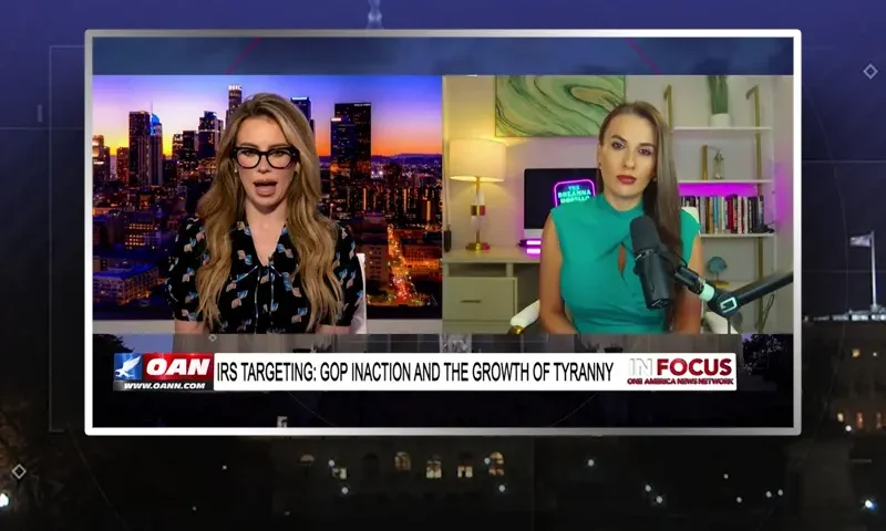 Video still from In Focus on One America News Network showing a split screen of the host on the left side, and on the right side is the guest, Breanna Morello.