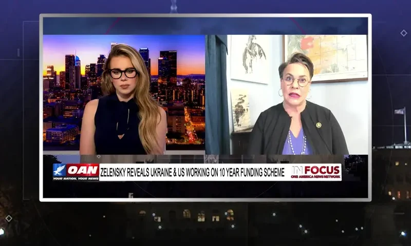 Video still from In Focus on One America News Network showing a split screen of the host on the left side, and on the right side is the guest, Rep. Harriet Hageman.