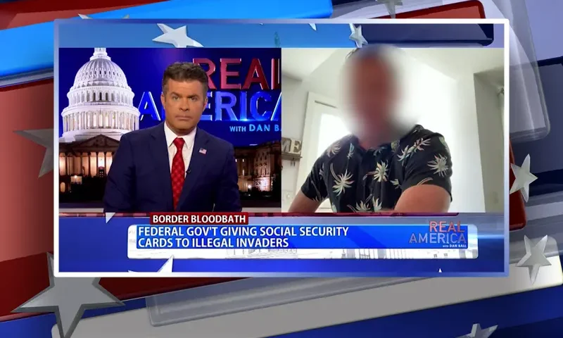 Video still from Real America on One America News Network showing a split screen of the host on the left side, and on the right side is the guest, "Brian."