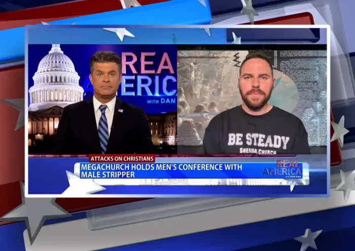 Video still from Real America on One America News Network showing a split screen of the host on the left side, and on the right side is the guest, Jackson Lahmeyer.