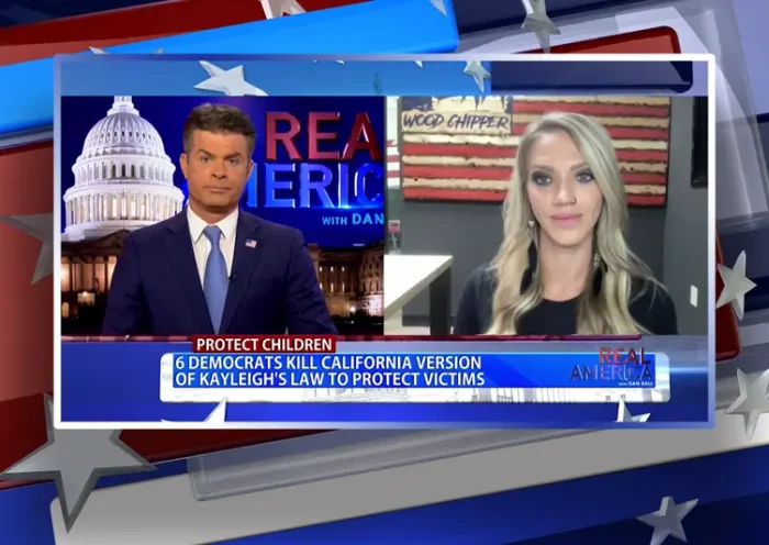 Video still from Real America on One America News Network showing a split screen of the host on the left side, and on the right side is the guest, Kayleigh Kozak.