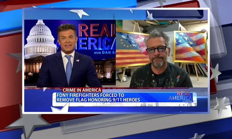 Video still from Real America on One America News Network showing a split screen of the host on the left side, and on the right side is the guest, Scott LoBaido.