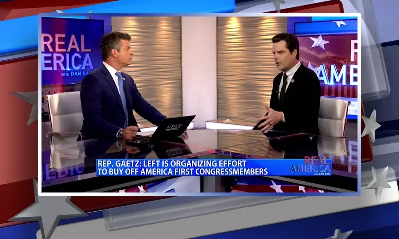 Video still from Real America on One America News Network during an interview with the guest, Rep. Matt Gaetz.