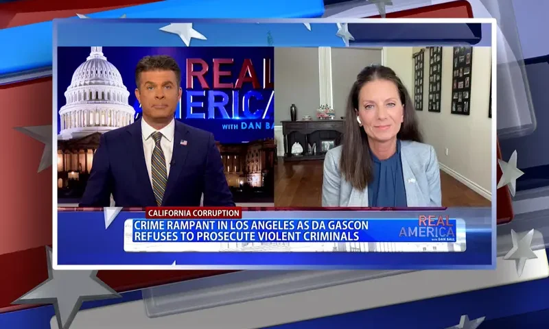 Video still from Real America on One America News Network showing a split screen of the host on the left side, and on the right side is the guest, Melissa Melendez.