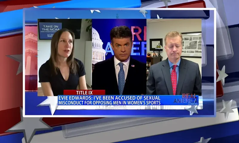 Video still from Real America on One America News Network during an interview with the guests, Bill Bock and Evie Edwards.