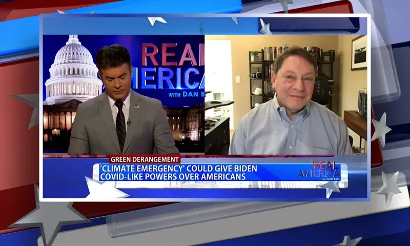 Video still from Real America on One America News Network showing a split screen of the host on the left side, and on the right side is the guest, Steve Milloy.