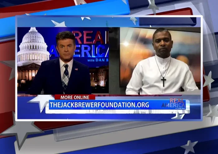 Video still from Real America on One America News Network showing a split screen of the host on the left side, and on the right side is the guest, Jack Brewer.