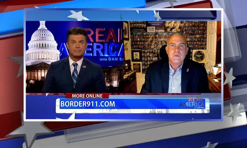 Video still from Real America on One America News Network showing a split screen of the host on the left side, and on the right side is the guest, Derek Maltz.