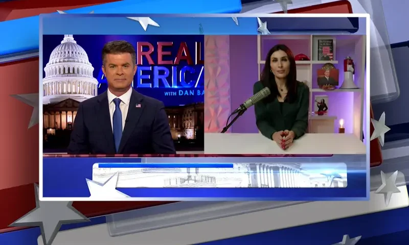 Video still from Real America on One America News Network showing a split screen of the host on the left side, and on the right side is the guest, Laura Loomer.