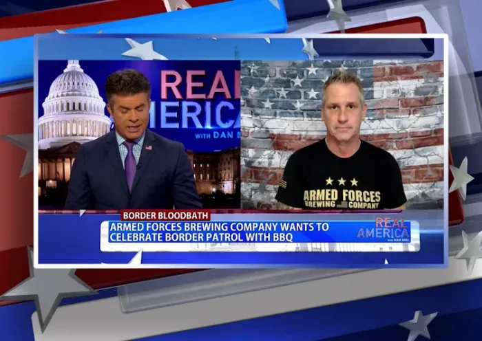 Video still from Real America on One America News Network showing a split screen of the host on the left side, and on the right side is the guest, Alan Beal.