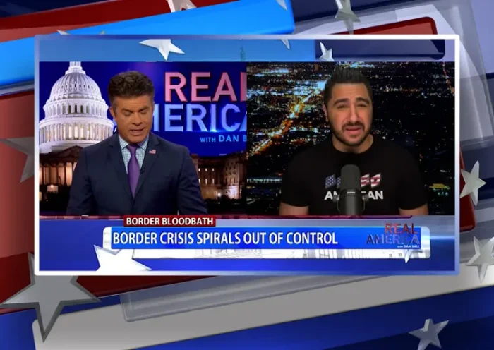 Video still from Real America on One America News Network showing a split screen of the host on the left side, and on the right side is the guest, Drew Hernandez.