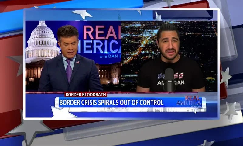 Video still from Real America on One America News Network showing a split screen of the host on the left side, and on the right side is the guest, Drew Hernandez.